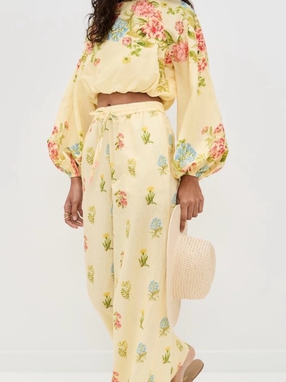 HEMANT & NANDITA Yellow Floral Blouse and Pants with Pink and Blue Blooms